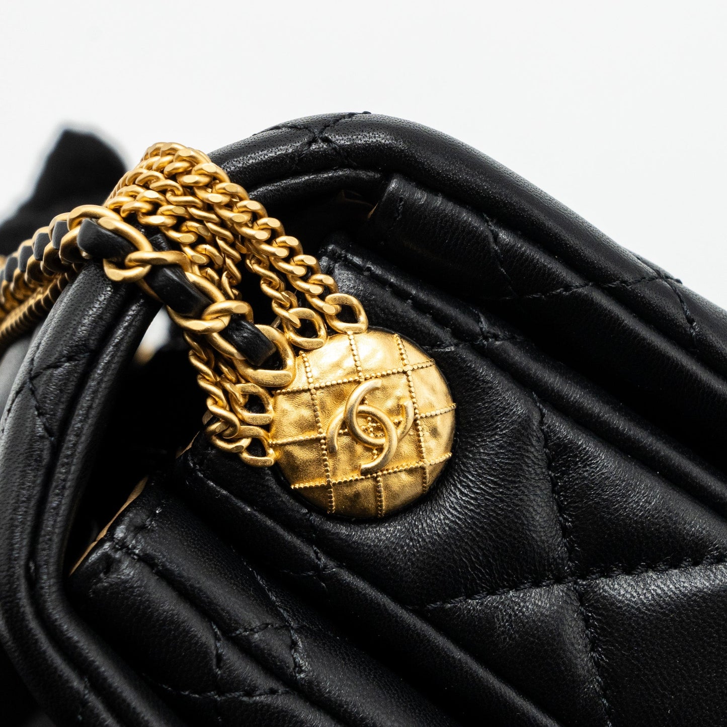 Chanel 22a Button On Chain Flap Shoulder Bag Lambskin Black Brushed (Microchip)