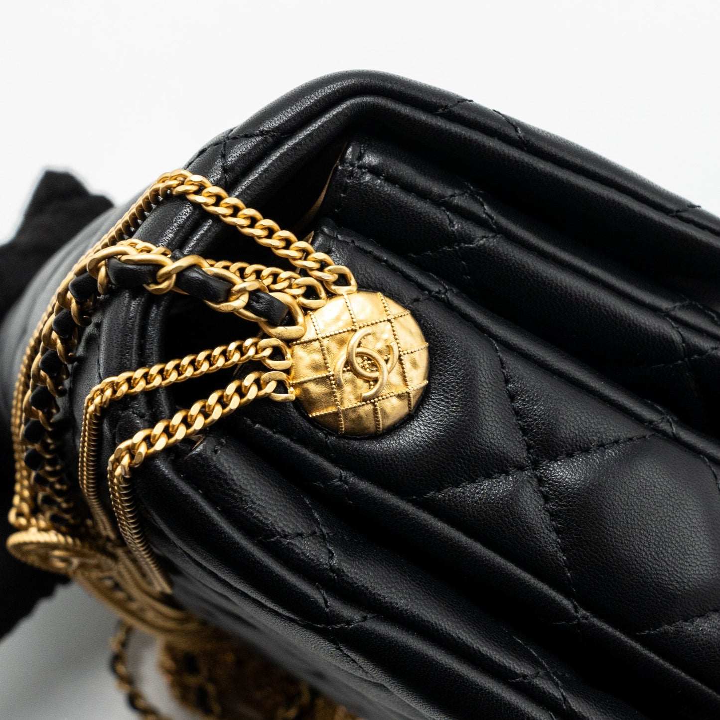 Chanel 22a Button On Chain Flap Shoulder Bag Lambskin Black Brushed (Microchip)