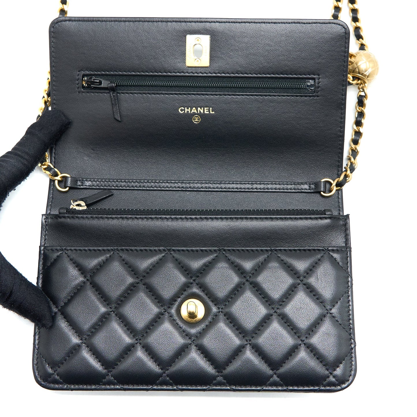 Chanel Pearl Crush Wallet On Chain Lambskin Black Brushed  (Microchip)