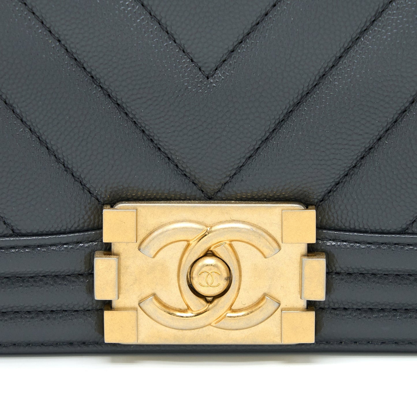 Chanel Small Boy Bag Chevron Caviar Dark Grey Brushed  (Microchip)