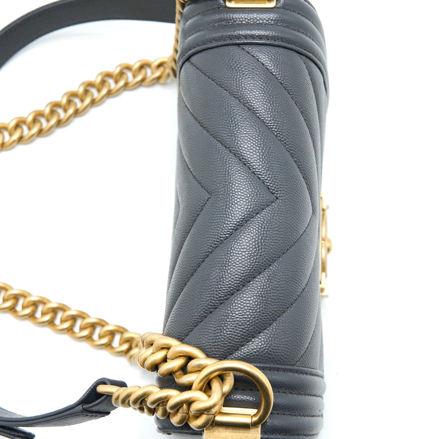 Chanel Small Boy Bag Chevron Caviar Dark Grey Brushed  (Microchip)