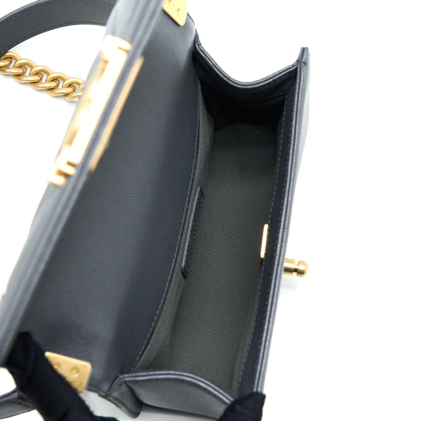 Chanel Small Boy Bag Chevron Caviar Dark Grey Brushed  (Microchip)