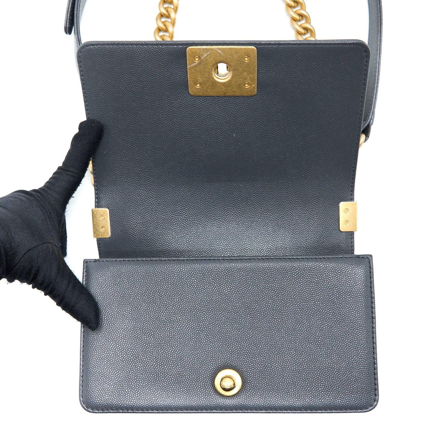 Chanel Small Boy Bag Chevron Caviar Dark Grey Brushed  (Microchip)