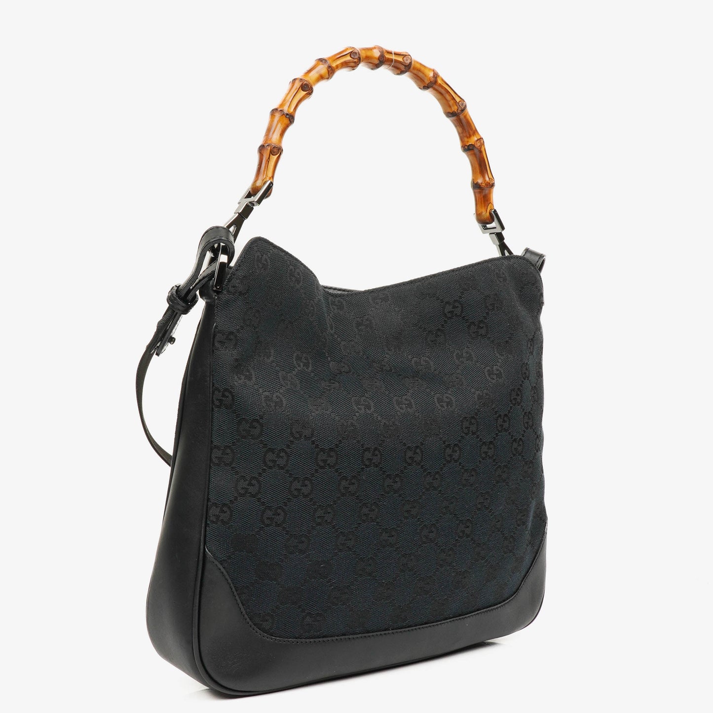 Gucci Bamboo Top Handle Dark Navy Monogram Canvas And Leather Hobo Bag