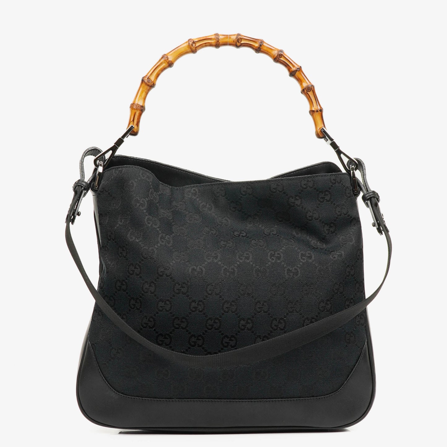 Gucci Bamboo Top Handle Dark Navy Monogram Canvas And Leather Hobo Bag