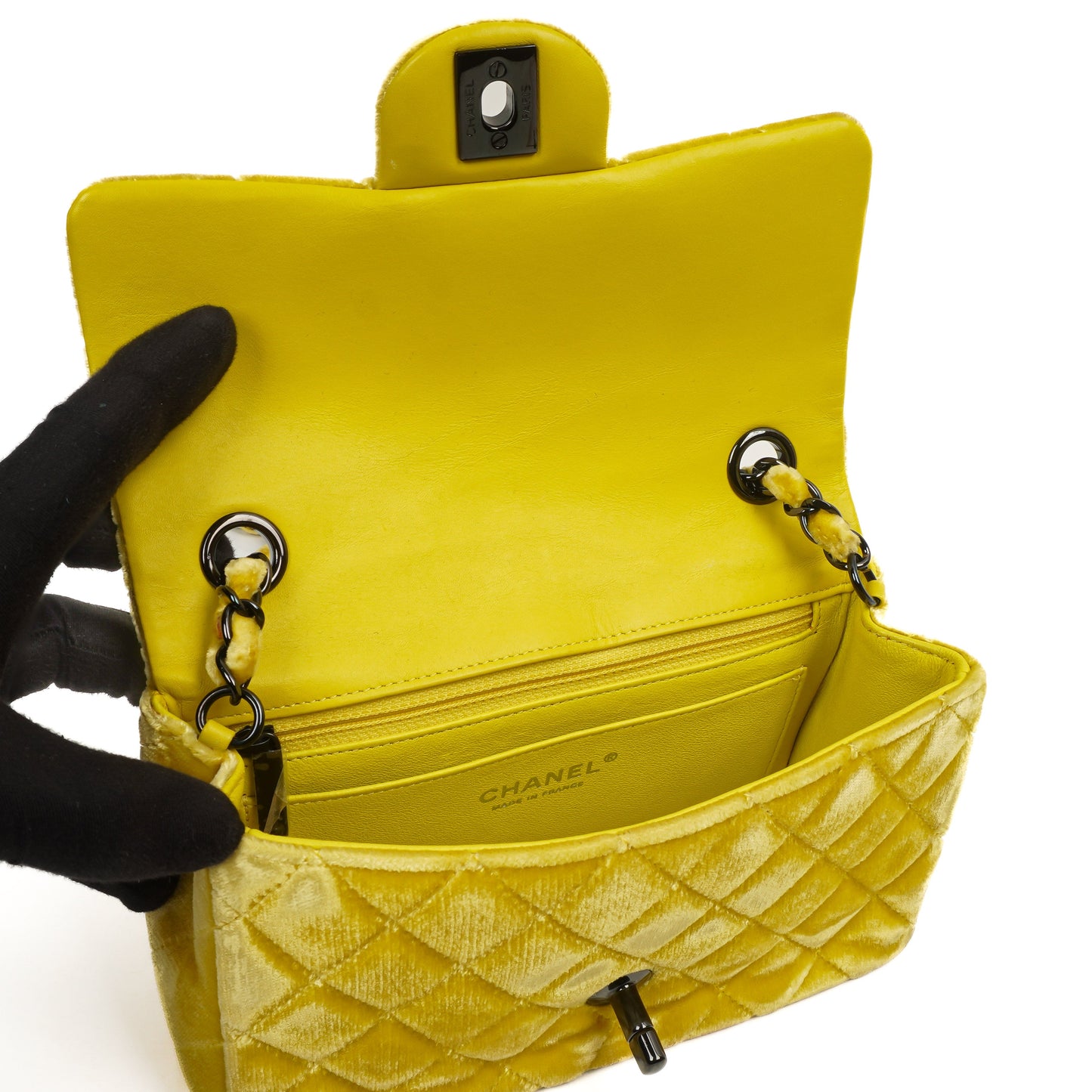 Chanel Mini Rectangular Single Flap Bag Yellow Quilted Velvet With Black Hardware