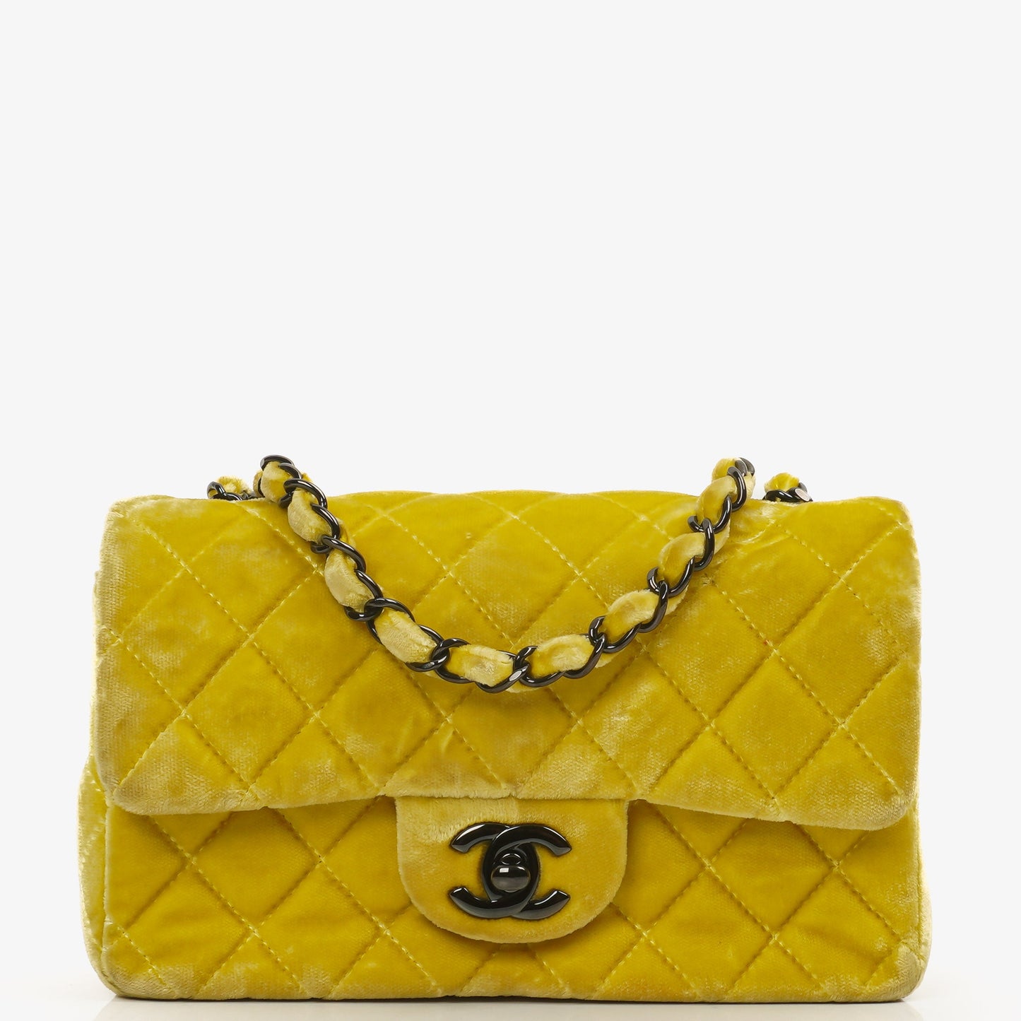 Chanel Mini Rectangular Single Flap Bag Yellow Quilted Velvet With Black Hardware