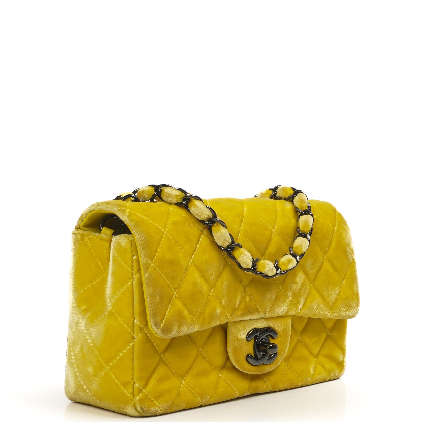 Chanel Mini Rectangular Single Flap Bag Yellow Quilted Velvet With Black Hardware