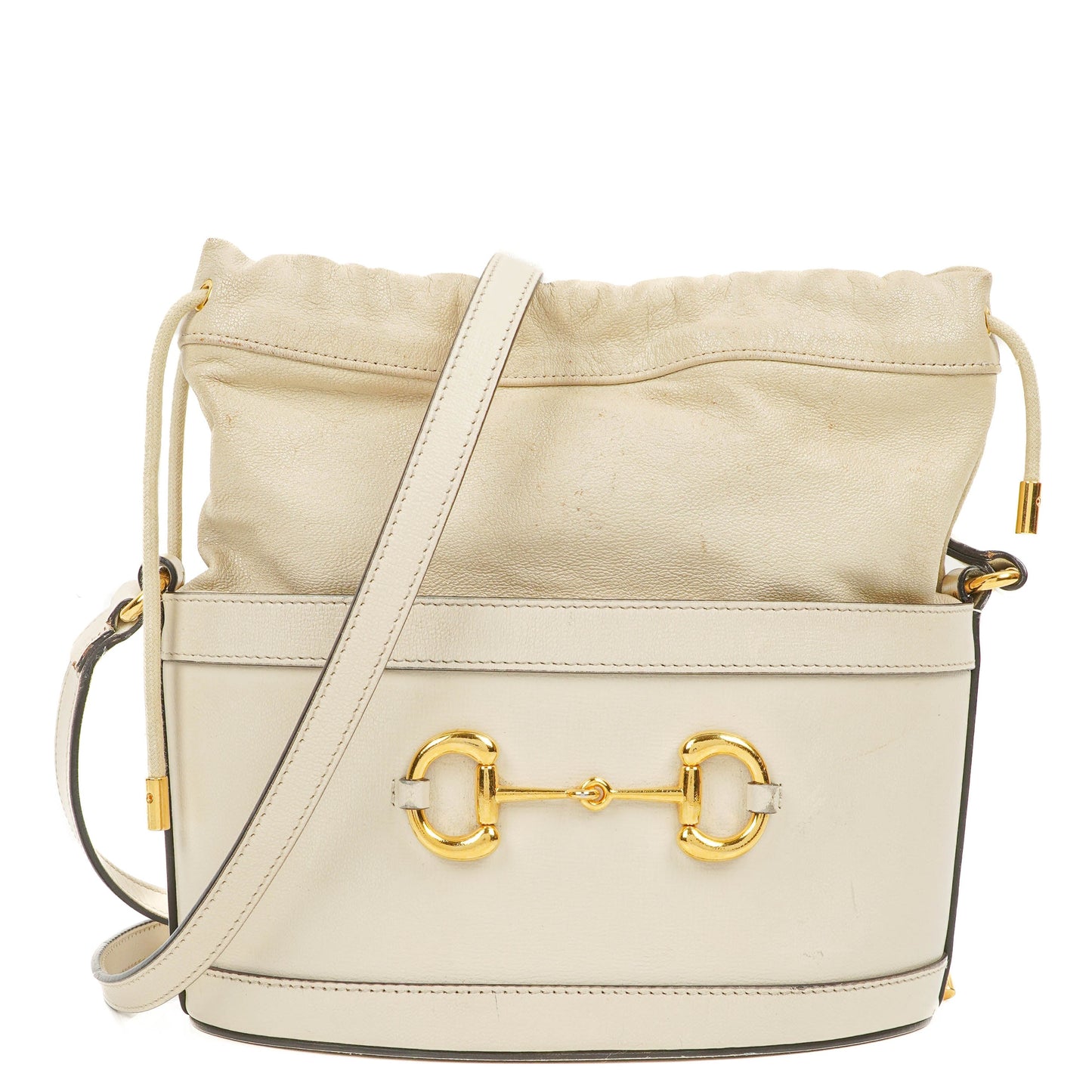 Gucci Horsebit 1955 Azalea Sakai Calfskin Mystic White Drawstring Bucket Bag