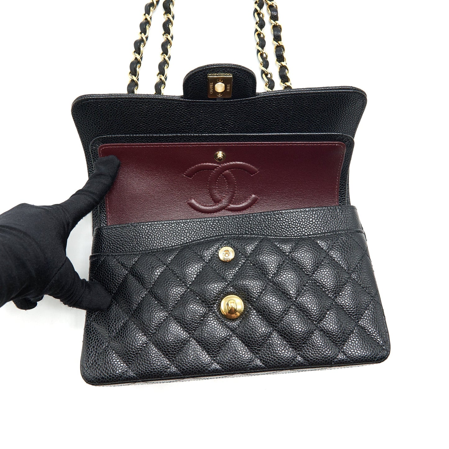 Chanel 22c caviar small classic double flap bag black