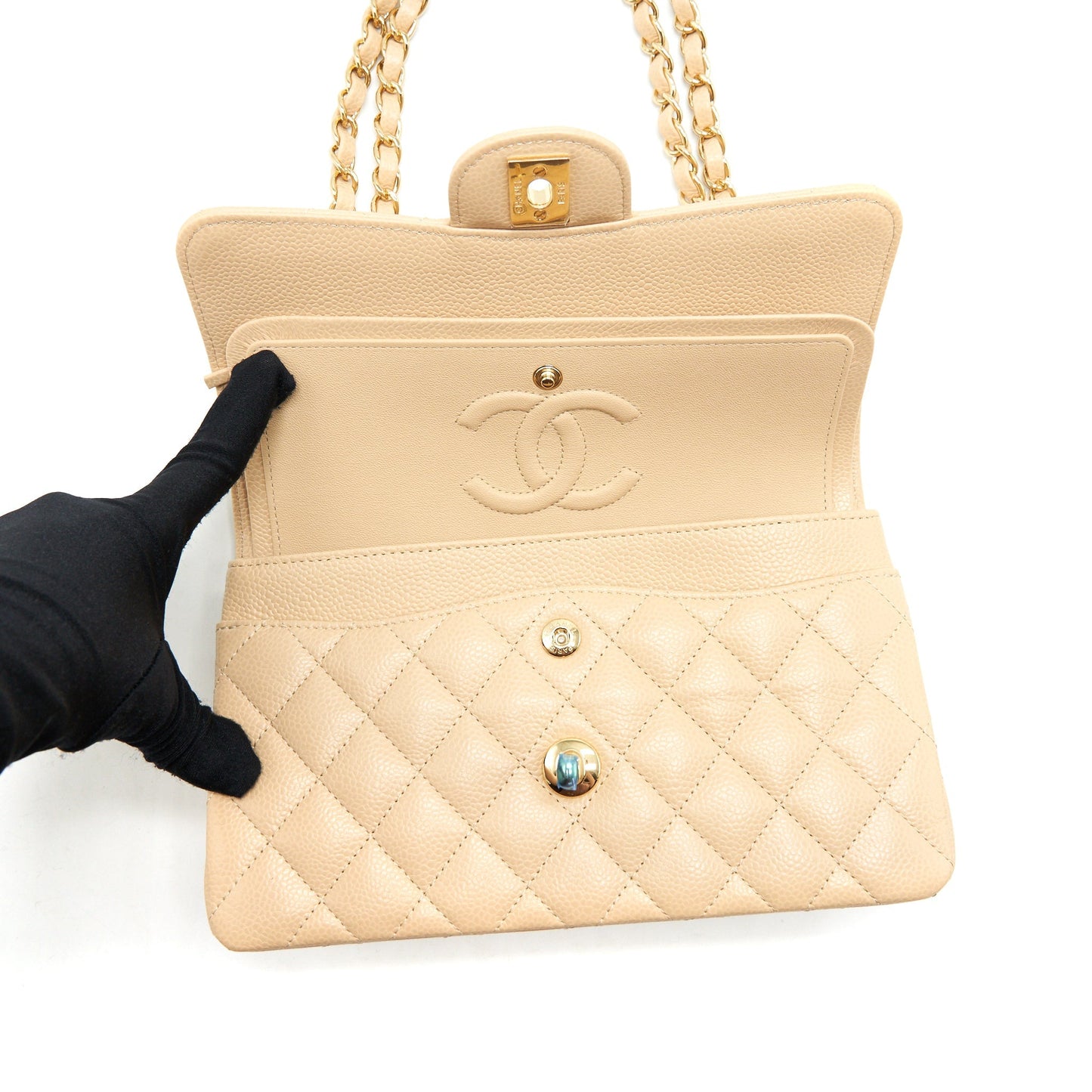 Chanel small classic double flap bag caviar beige