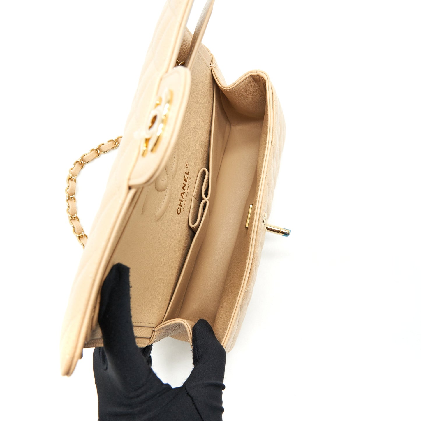 Chanel small classic double flap bag caviar beige