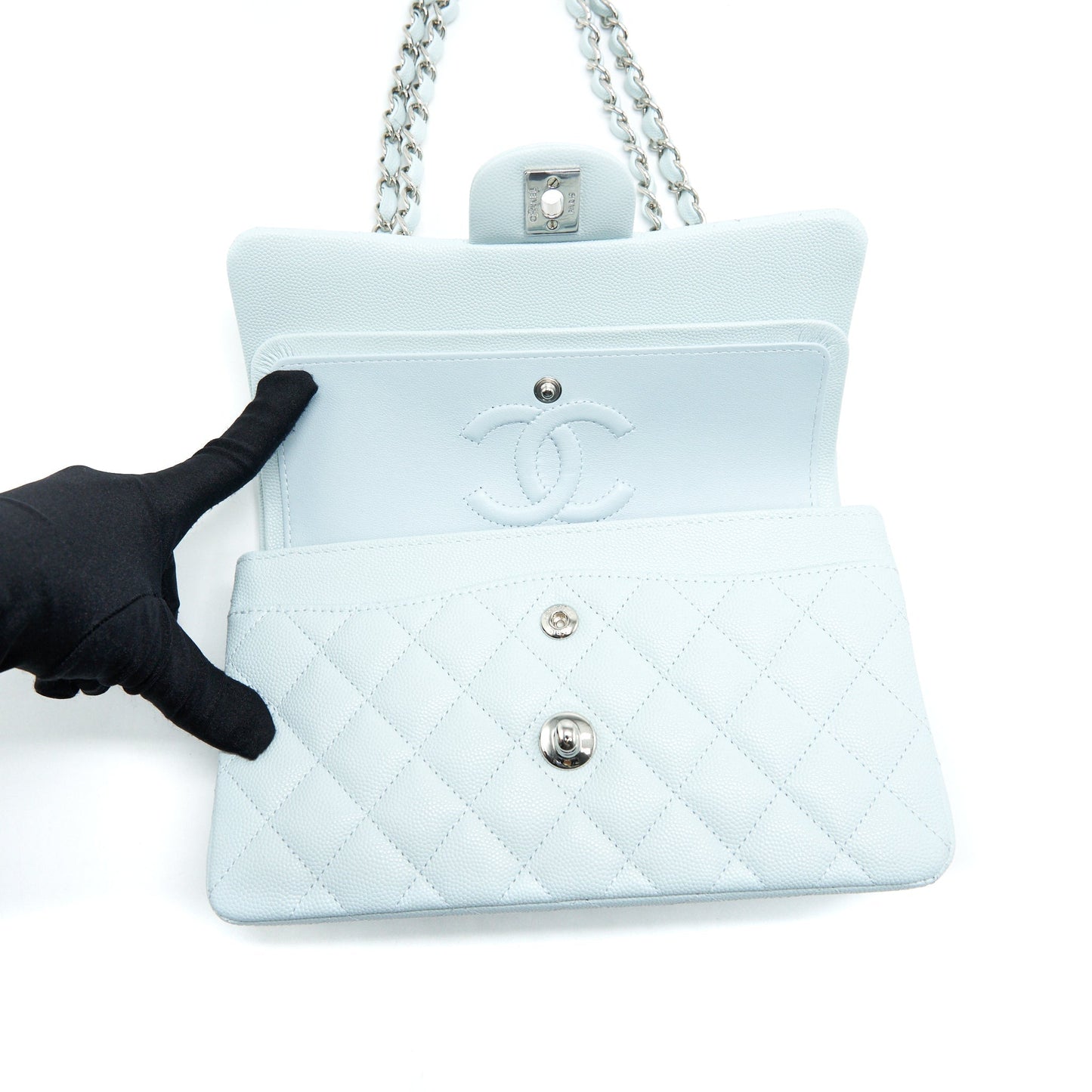 Chanel 21K Small Classic Double Flap Bag Caviar Light Blue