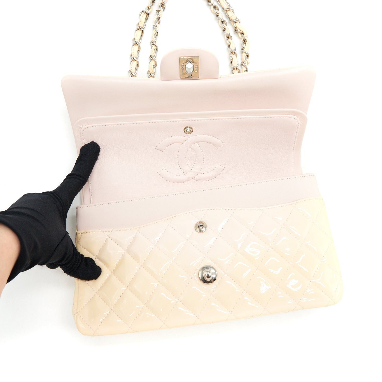 Chanel patent leather medium classic double flap bag Beige