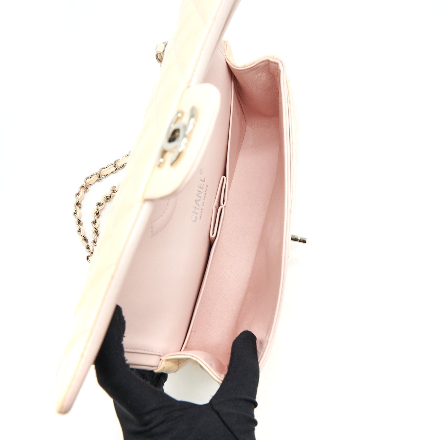 Chanel patent leather medium classic double flap bag Beige