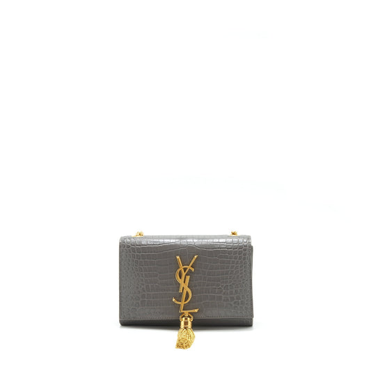 Saint Laurent/ Kate Tassel Crocodile-Embossed Calfskin Grey