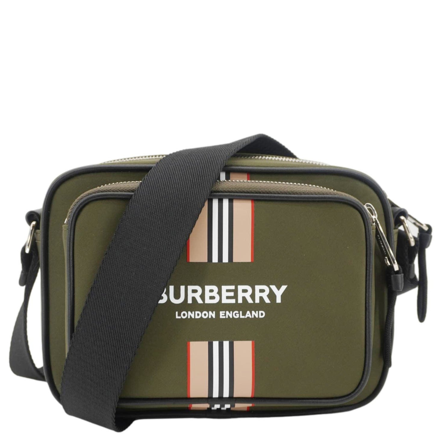 Luxury Burberry Top Striped Leather Crossbody Bag Green