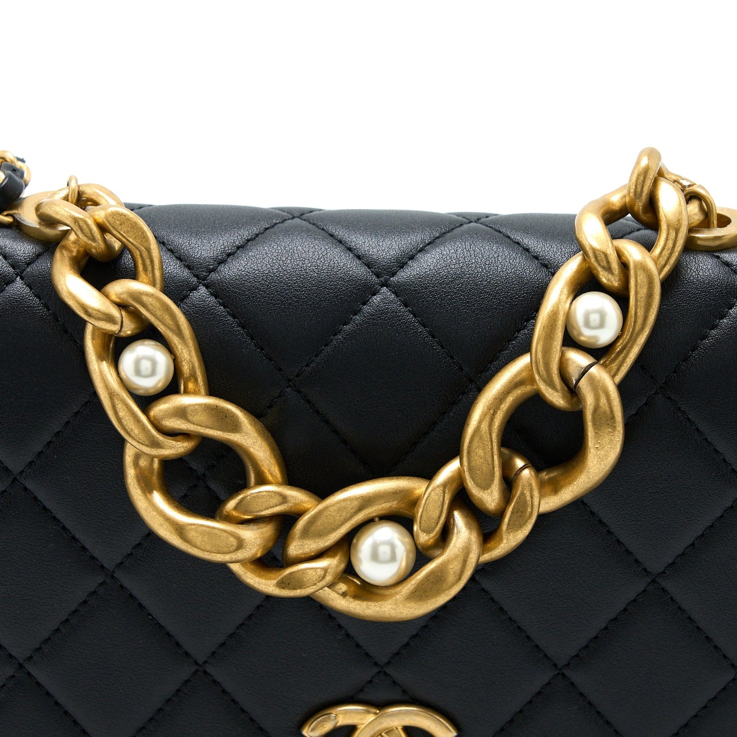 Chanel Seasonal Flap Bag Giant Chain Handle with Pearl Calfskin Black Brush  (Microchip)