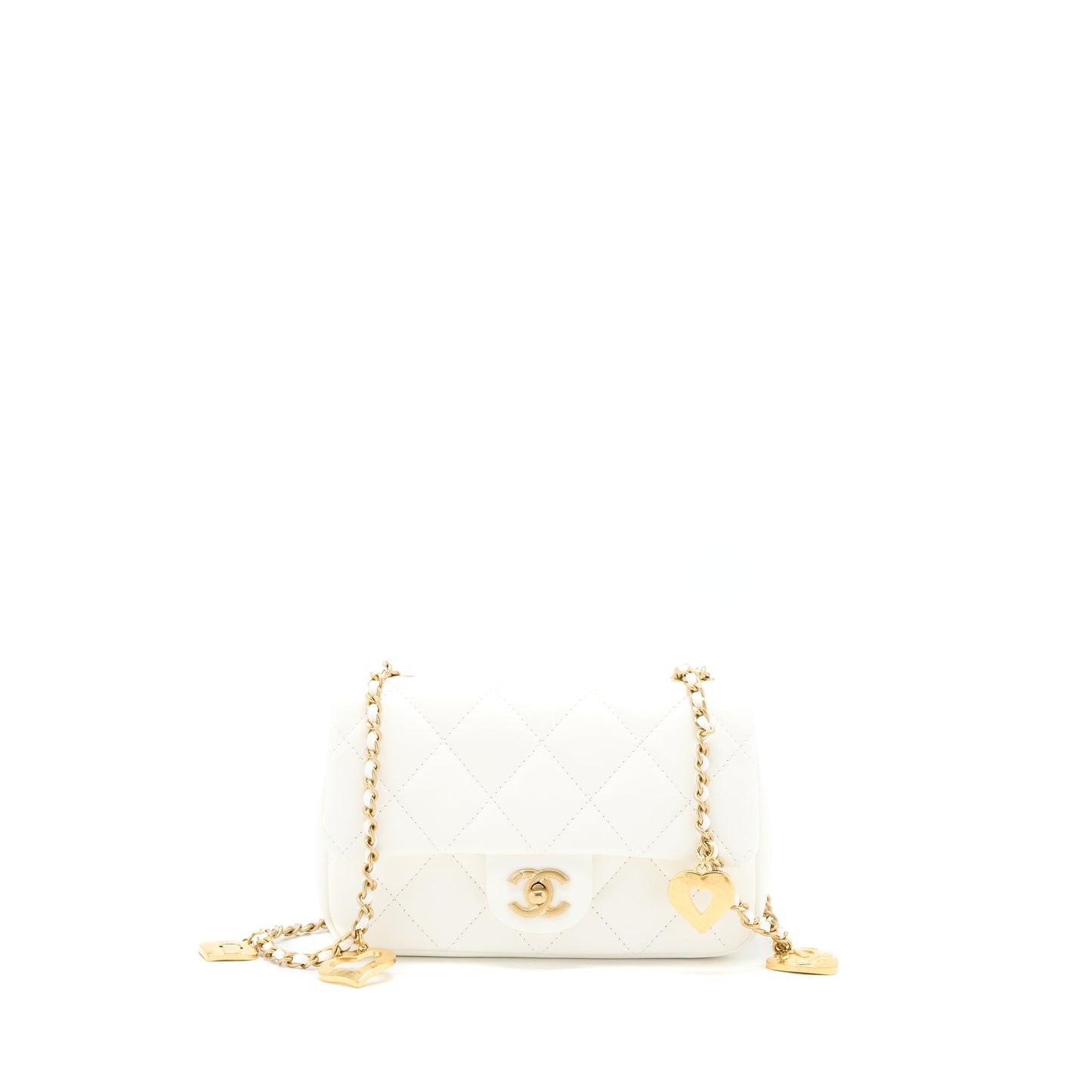 Chanel Quilted Flap Bag With Heart Charm Chain Lambskin White (Microchip)