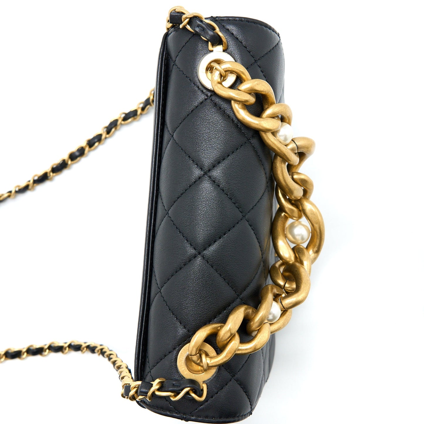 Chanel Seasonal Flap Bag Giant Chain Handle with Pearl Calfskin Black Brush  (Microchip)