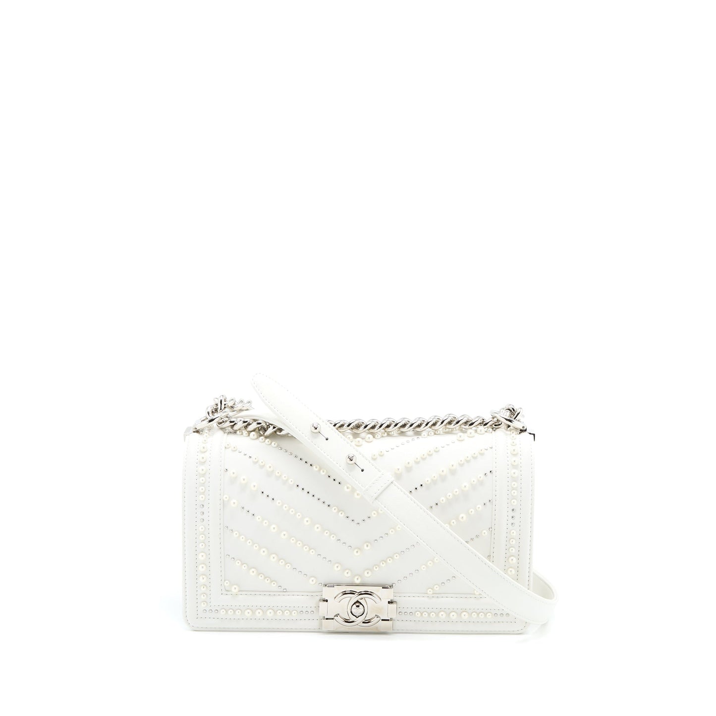 Chanel Medium Boy Bag Chevron Limited Lambskin With Pearl White