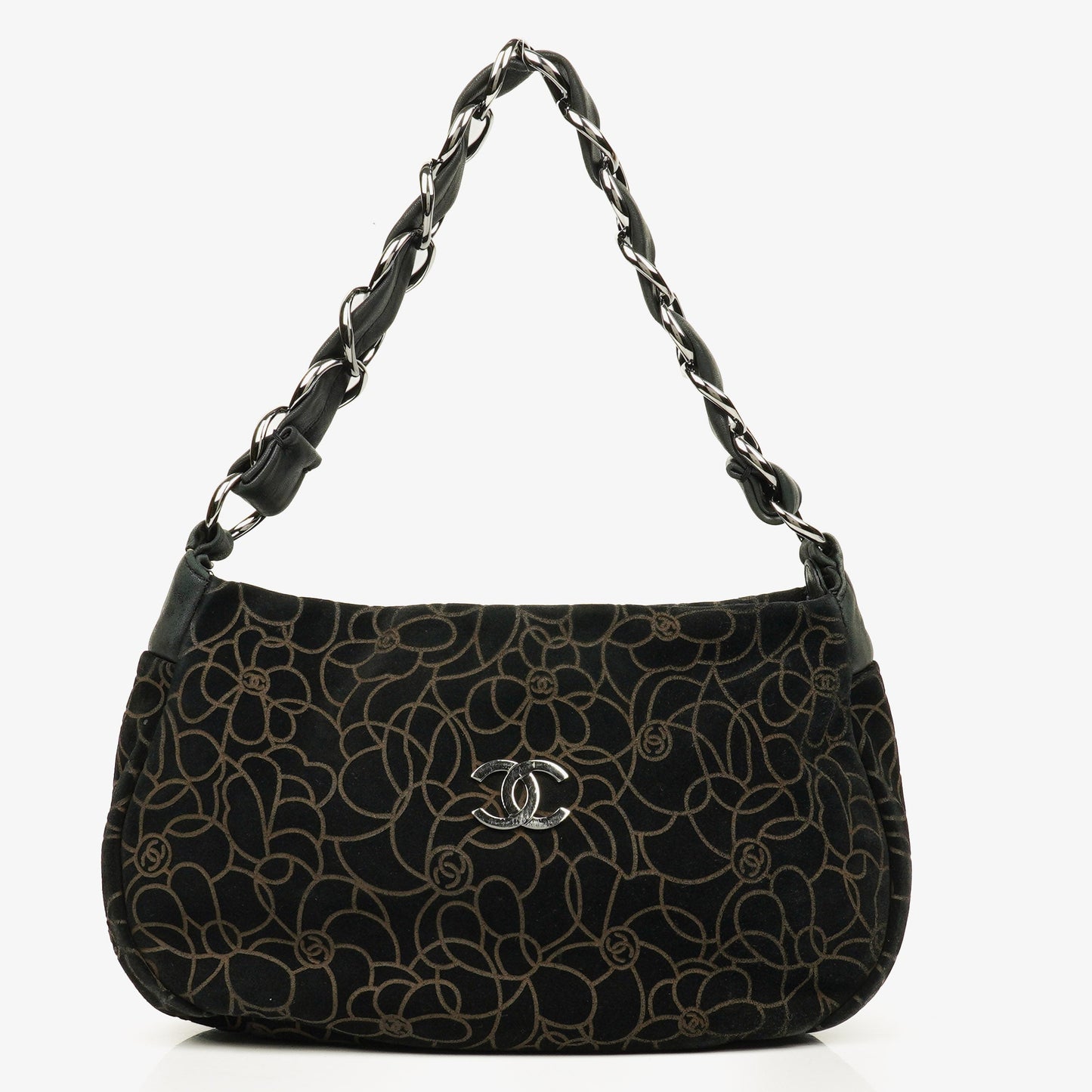 Chanel Camellia Chain Embossed Suede Shoulder Bag