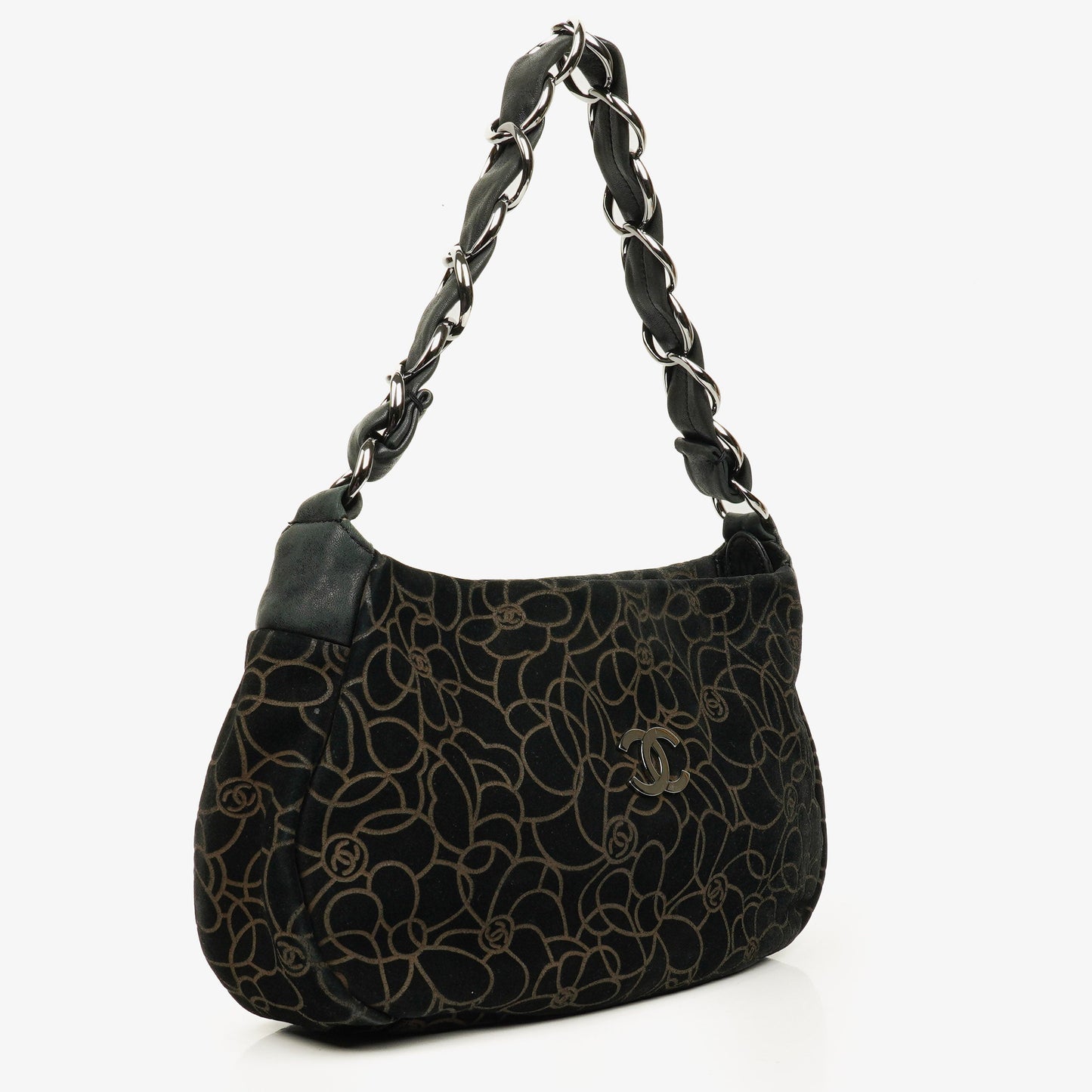 Chanel Camellia Chain Embossed Suede Shoulder Bag