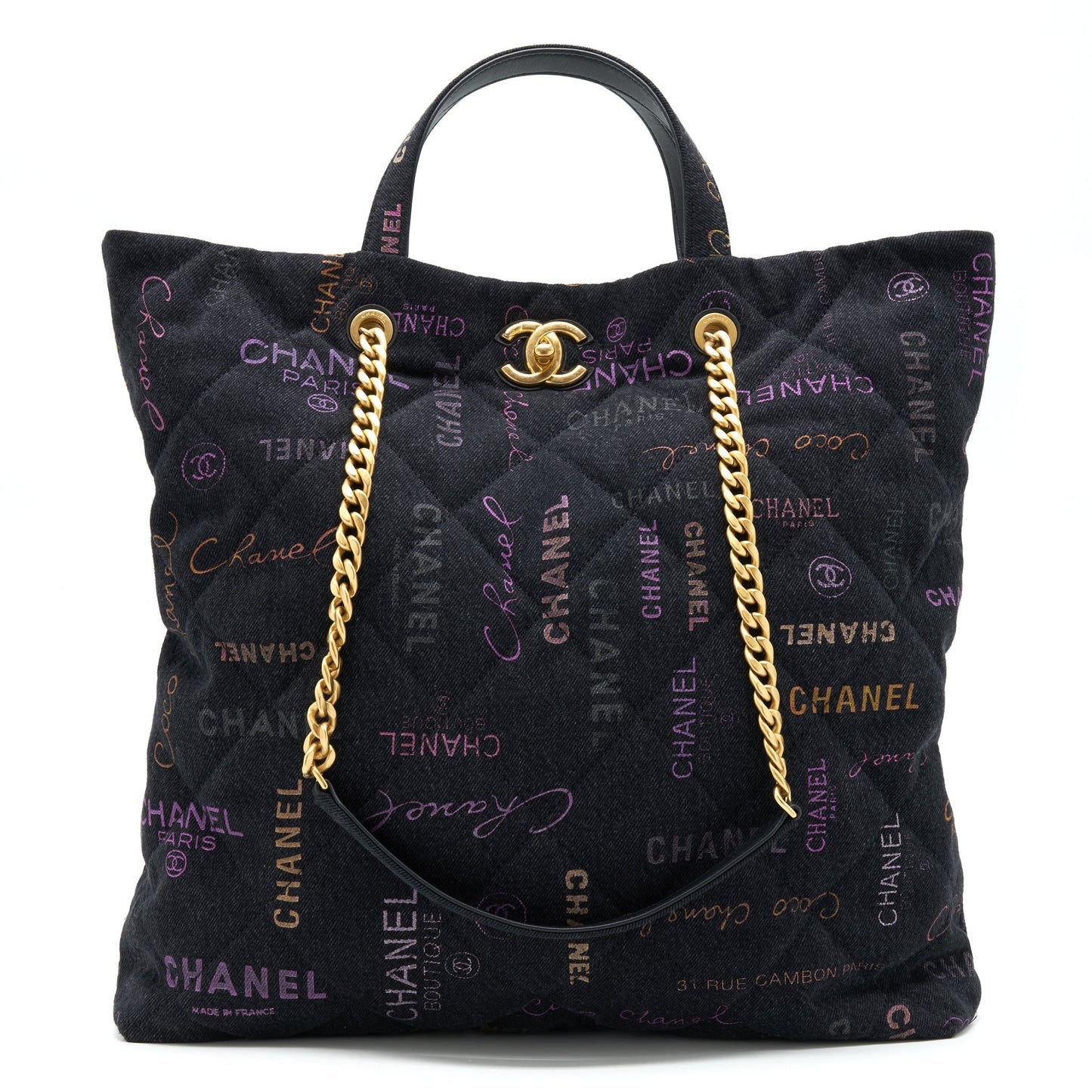 Chanel 22P Printed Denim Maxi Shopping Tote Bag Black/Multicolour