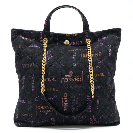 Chanel 22P Printed Denim Maxi Shopping Tote Bag Black/Multicolour
