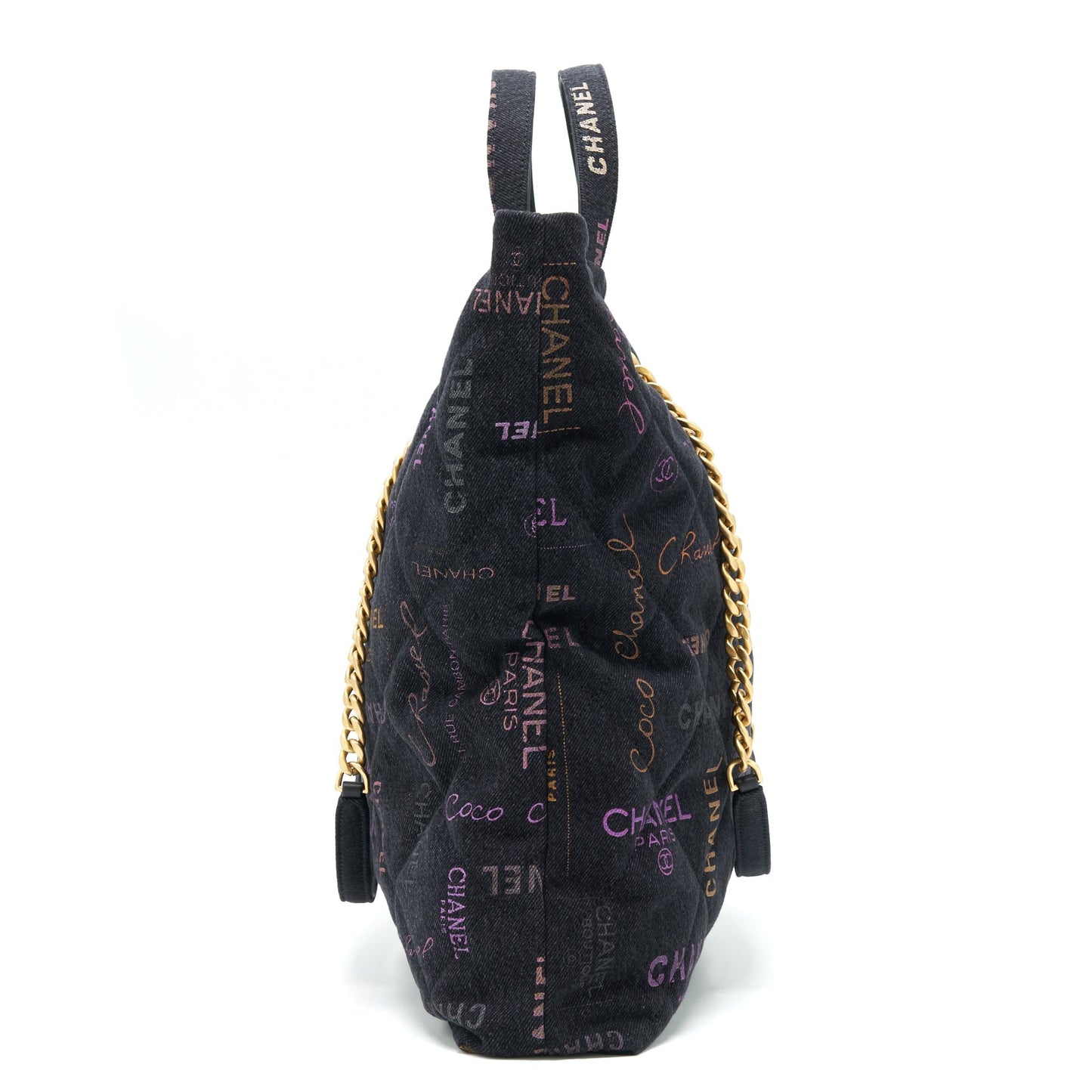 Chanel 22P Printed Denim Maxi Shopping Tote Bag Black/Multicolour