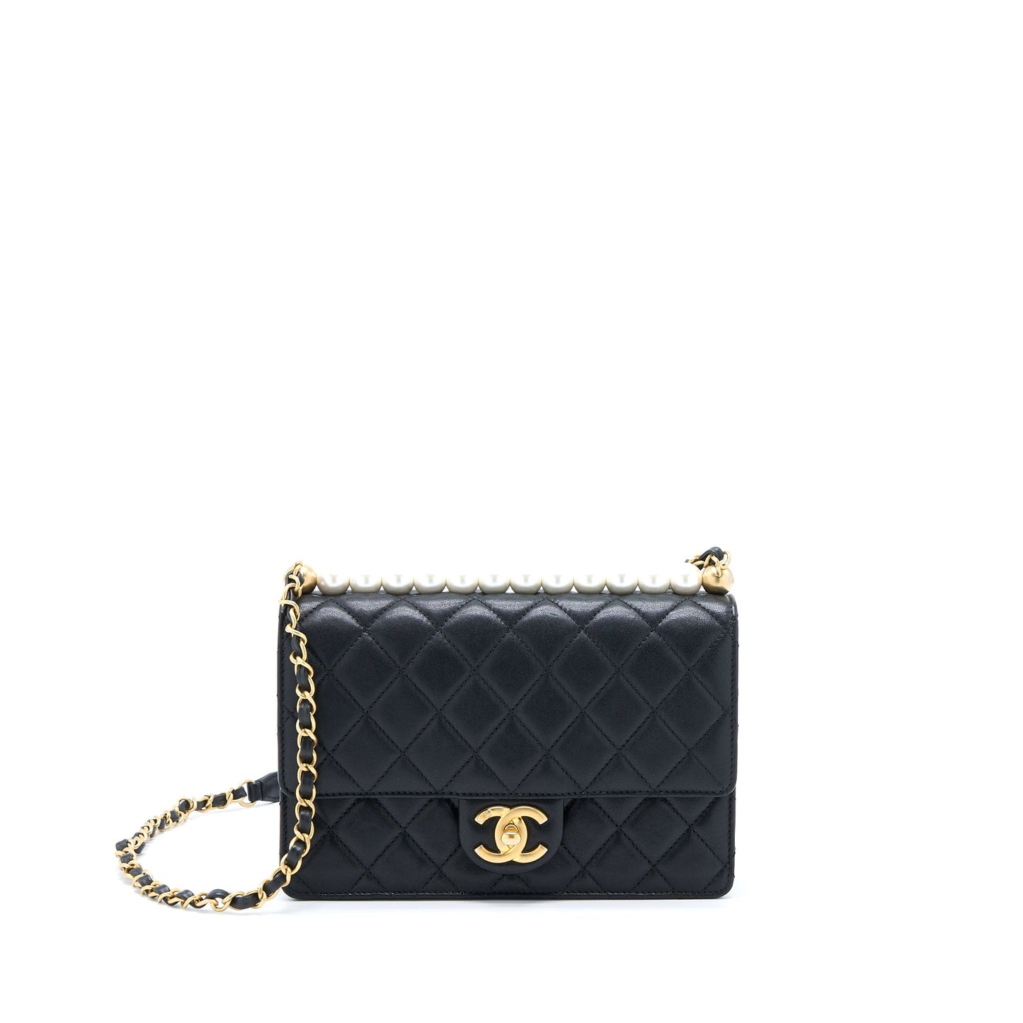 Chanel Quilted Flap Bag With Pearl Lambskin Black Brushed