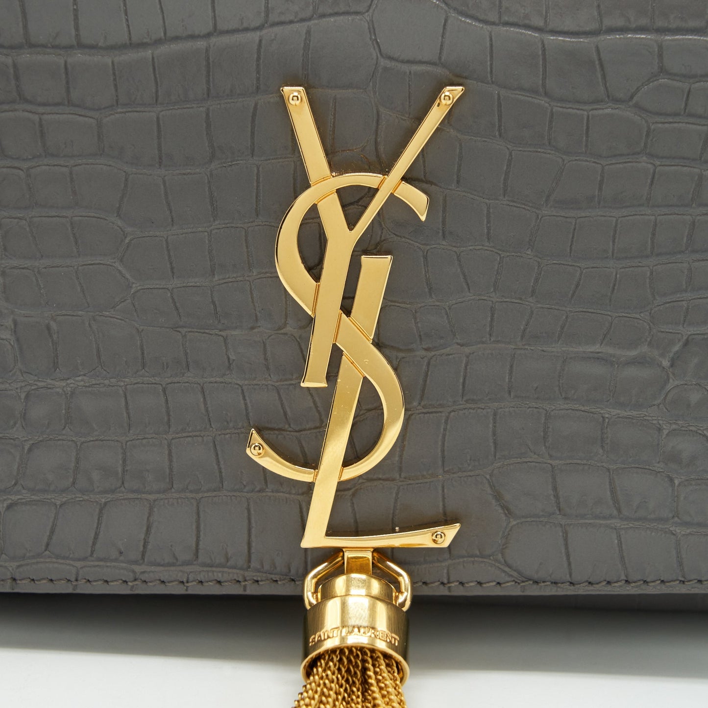 Saint Laurent/ Kate Tassel Crocodile-Embossed Calfskin Grey