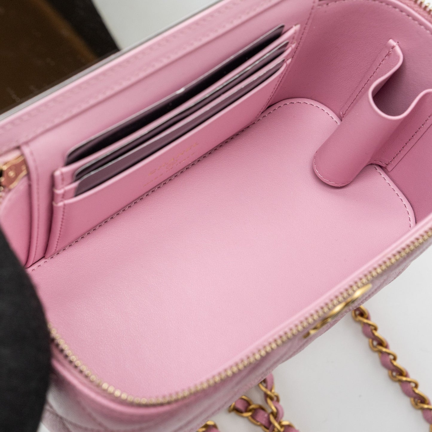 Chanel Letter Top Handle Long Vanity With Chain Caviar Pink