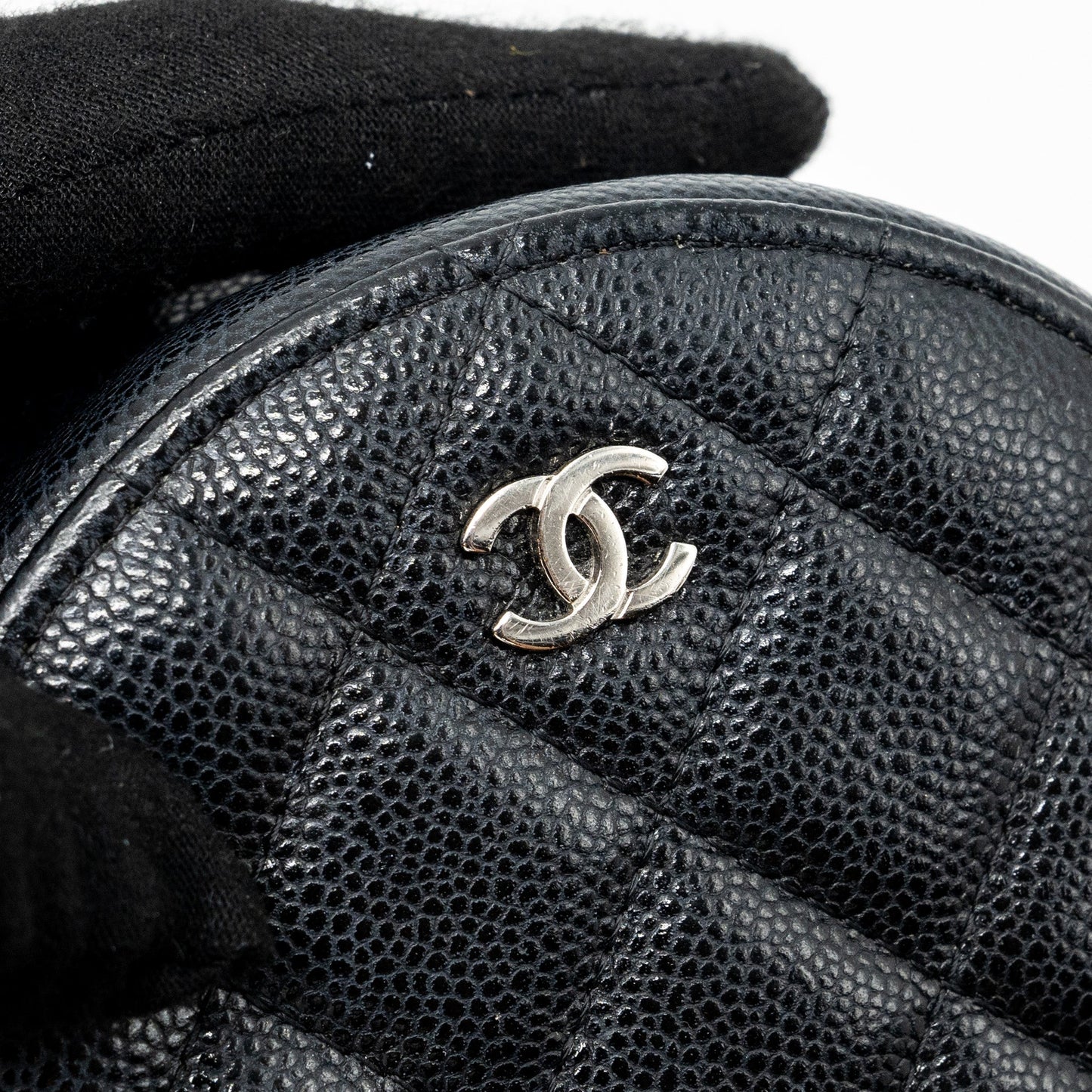 Chanel round sip clutch with chain caviar black