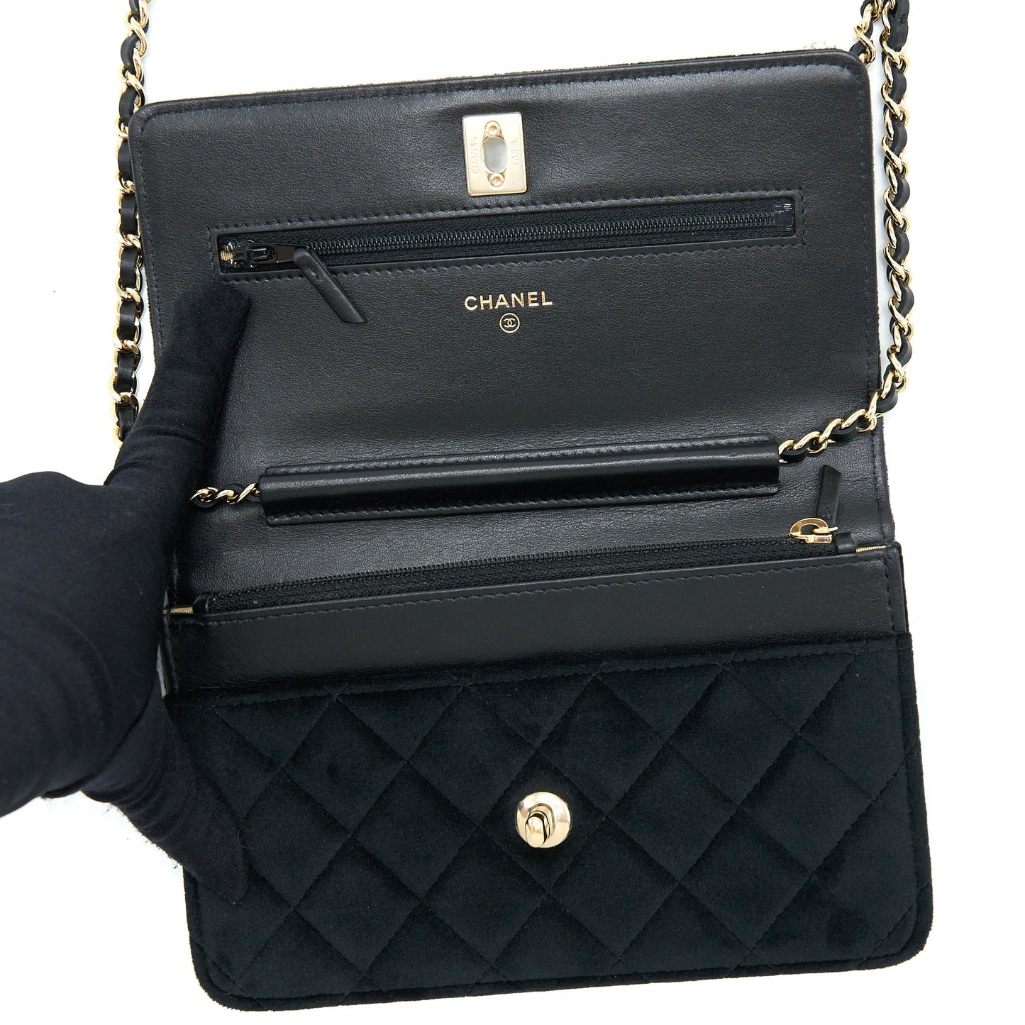 Chanel Velvet Pearl Crush Wallet On Chain Black L