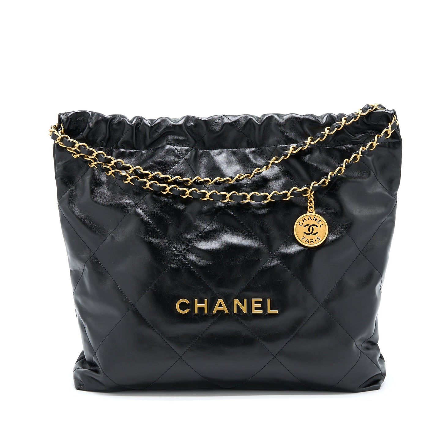 Chanel 22 Bag Medium Shiny Calfskin Black In Gold Letter  (Microchip)