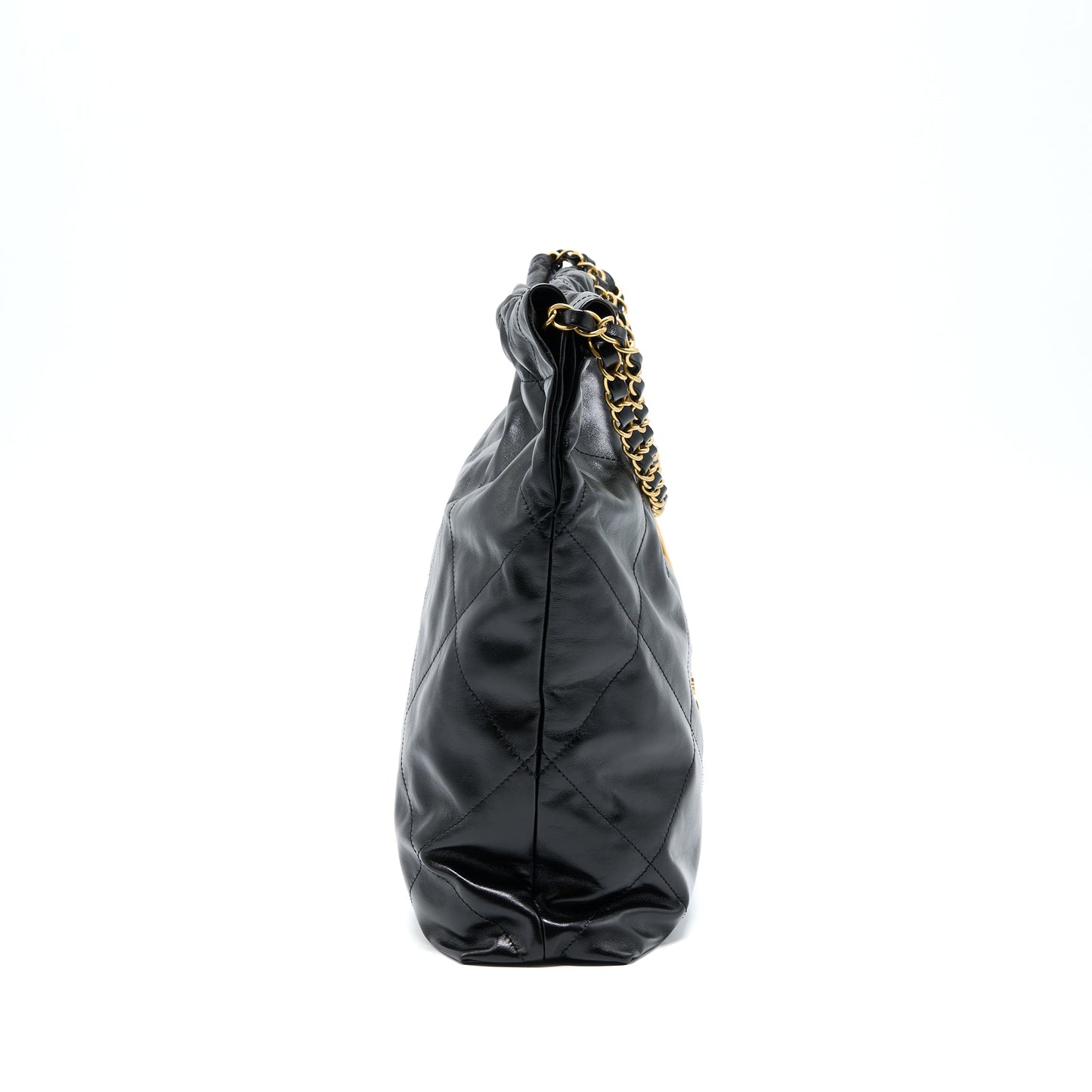 Chanel 22 Bag Medium Shiny Calfskin Black In Gold Letter  (Microchip)