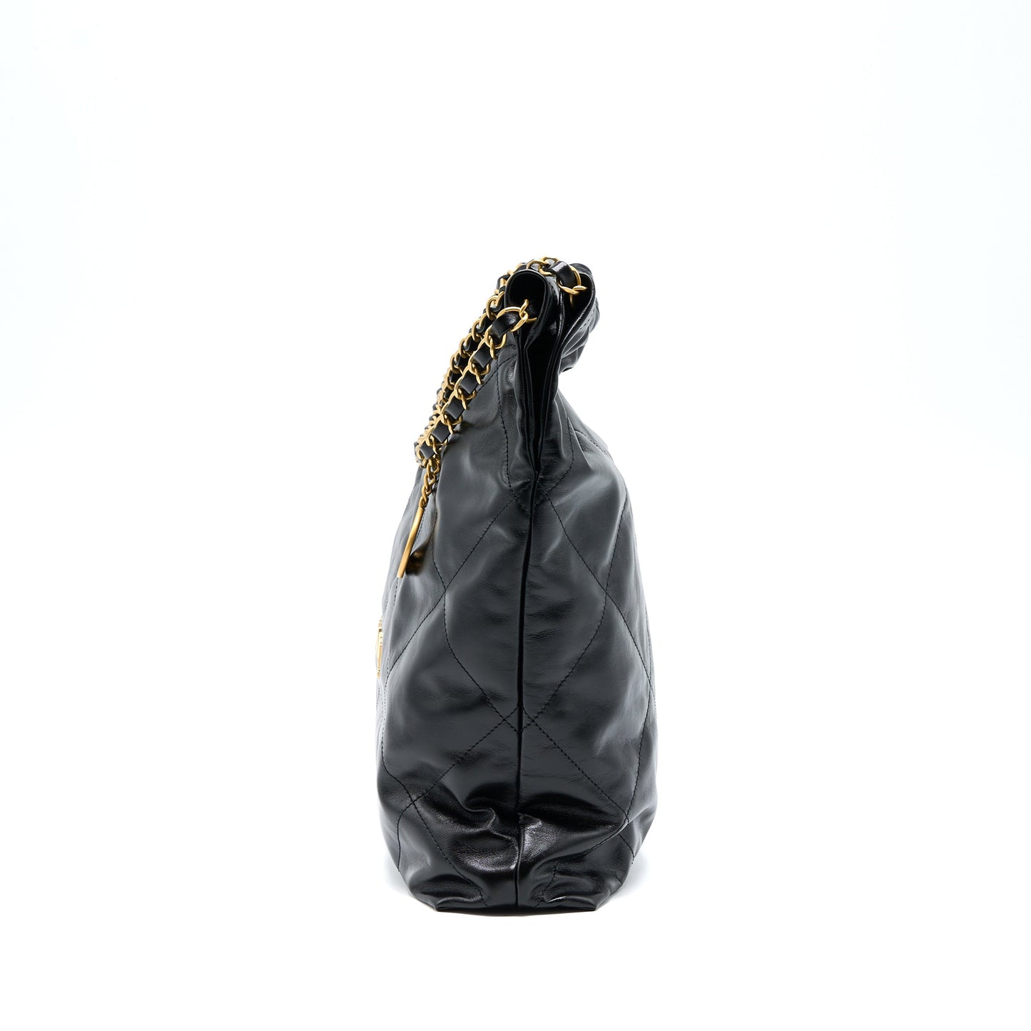 Chanel 22 Bag Medium Shiny Calfskin Black In Gold Letter  (Microchip)