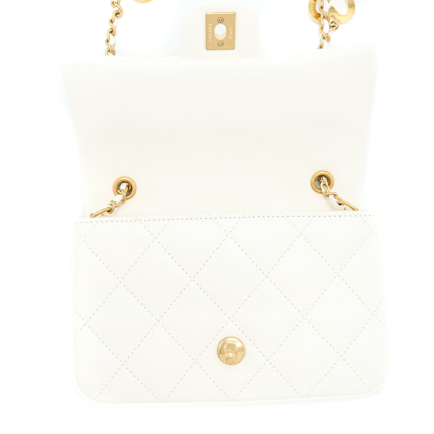 Chanel Quilted Flap Bag With Heart Charm Chain Lambskin White (Microchip)