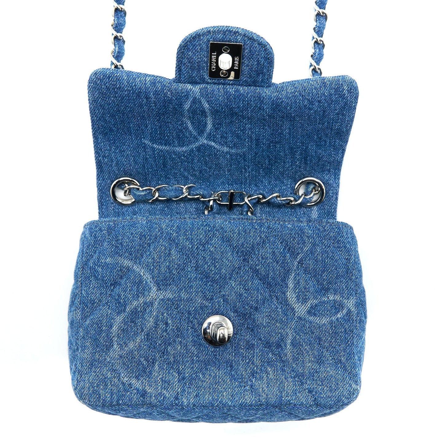 Chanel 20B Mini Square Flap Bag CC Print Denim Blue