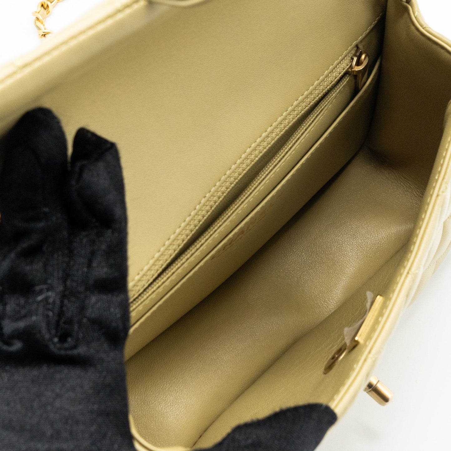 Chanel quilted flap bag with coco love chain lambskin khaki green (Microchip)