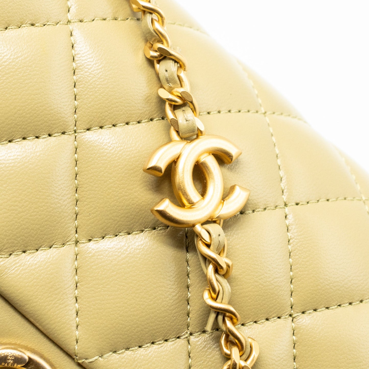 Chanel quilted flap bag with coco love chain lambskin khaki green (Microchip)