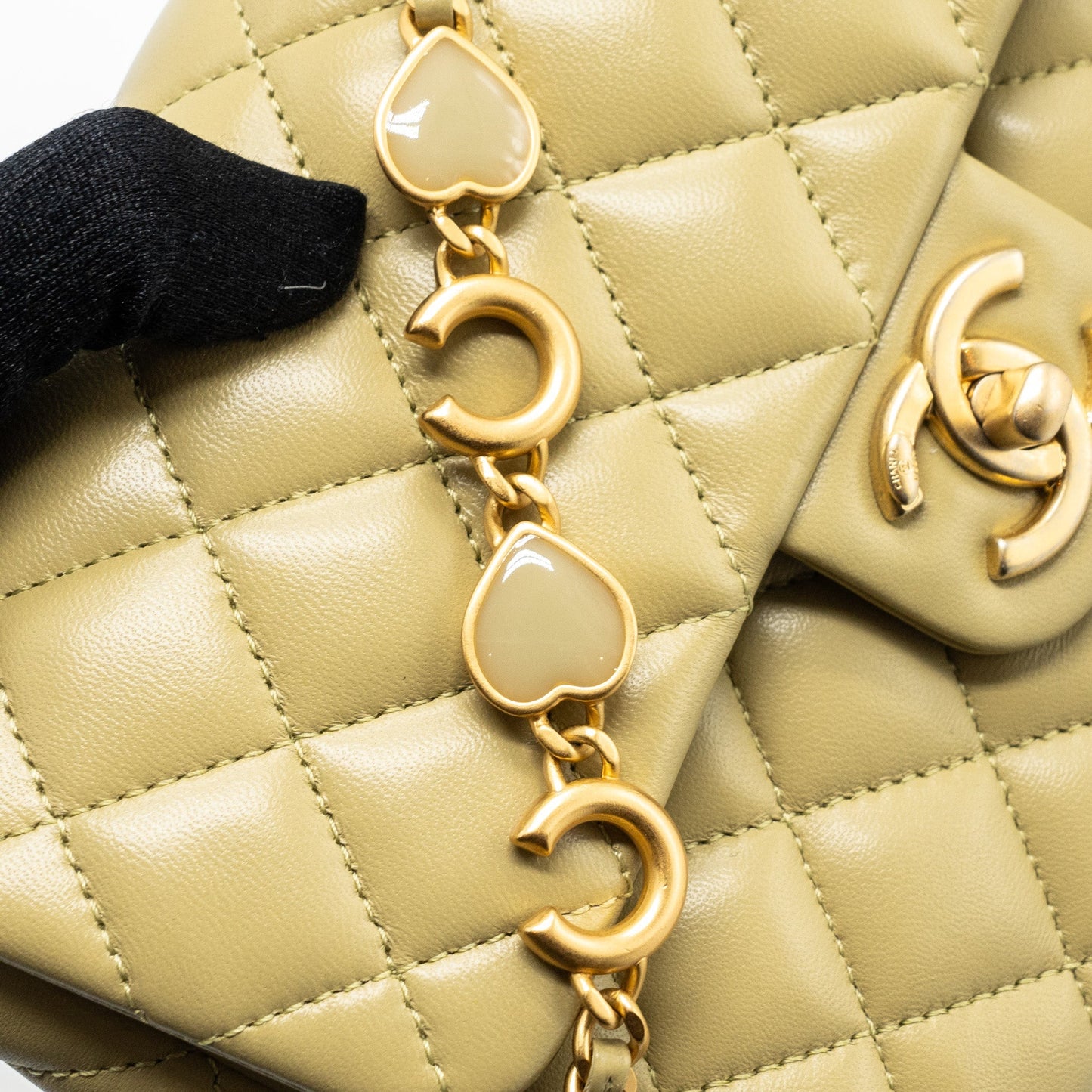 Chanel quilted flap bag with coco love chain lambskin khaki green (Microchip)