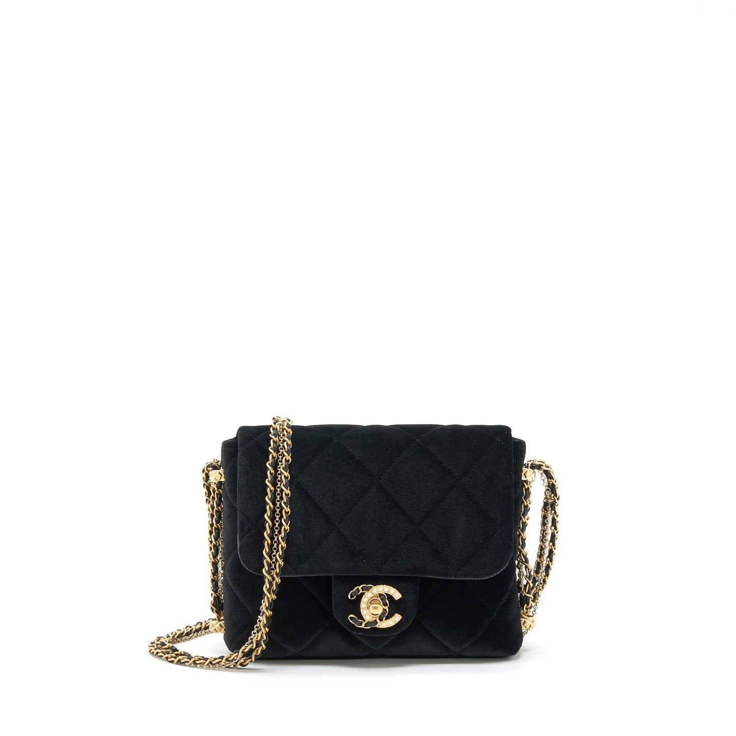 Chanel Flap Bag Leather Chain/Pearl Buckle Velvet Black