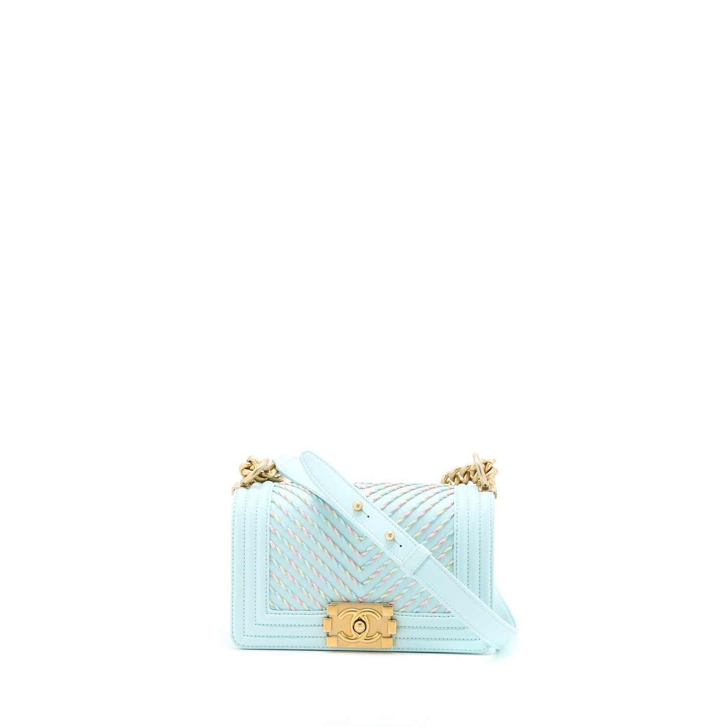 Chanel Small Boy Bag Chevron Calfskin Light Blue/Multicolour Brushed