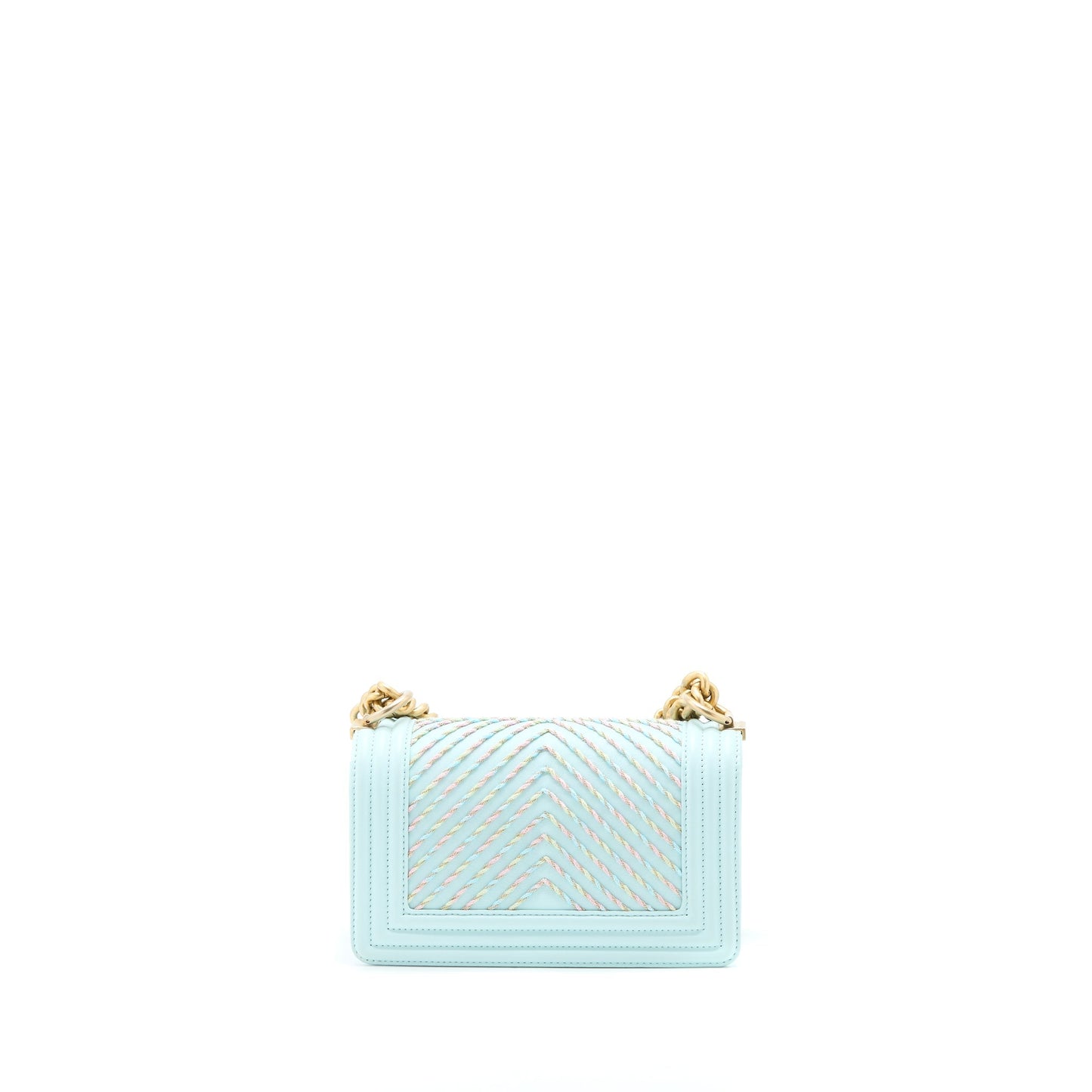 Chanel Small Boy Bag Chevron Calfskin Light Blue/Multicolour Brushed