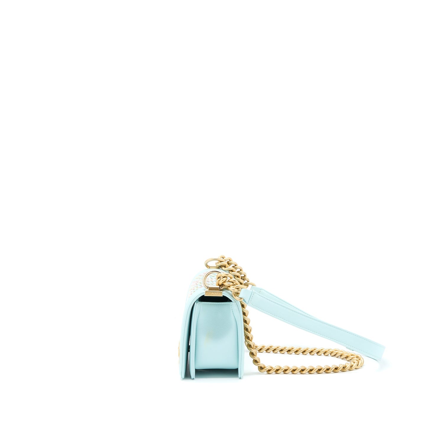 Chanel Small Boy Bag Chevron Calfskin Light Blue/Multicolour Brushed