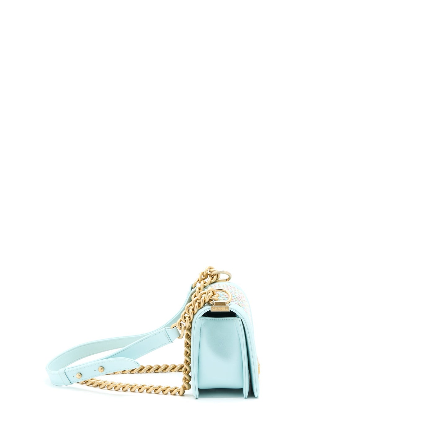 Chanel Small Boy Bag Chevron Calfskin Light Blue/Multicolour Brushed