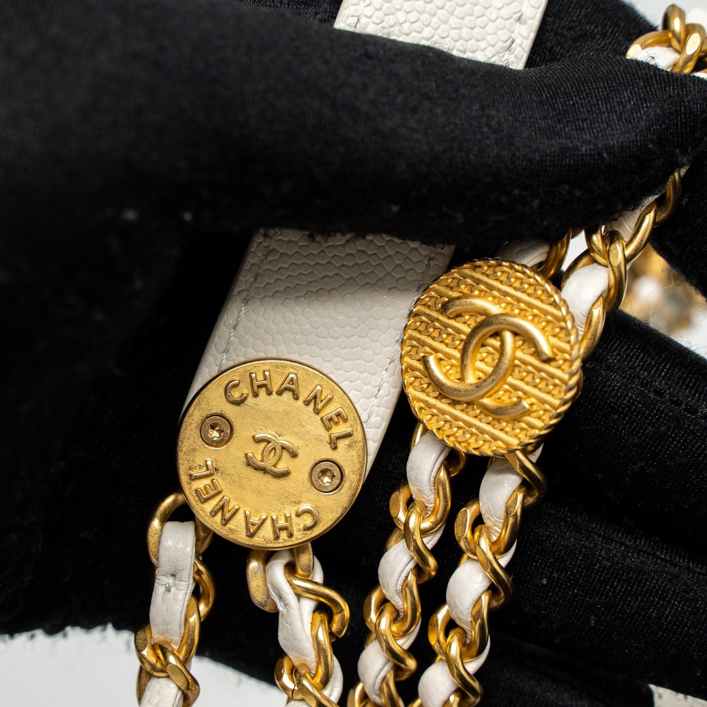 Chanel 22A Small Flap Bag Button on Chain Caviar White Brushed  (Microchip)