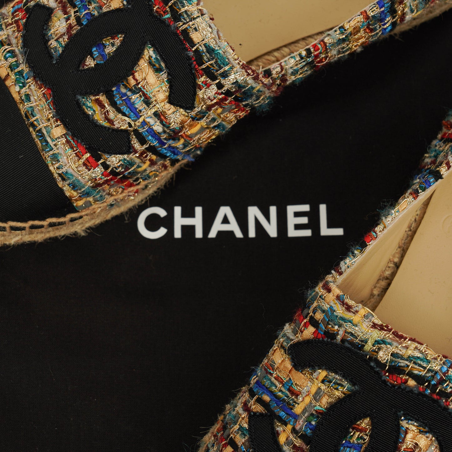 Chanel Tweed Grosgrain CC Espadrilles 36 Multicolor Black